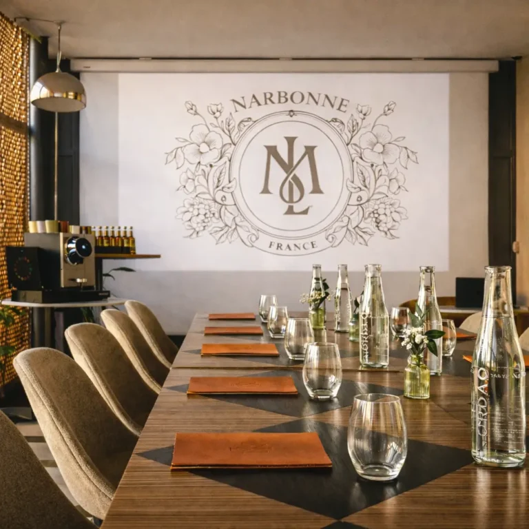 Luminosa sala de reuniones en Narbona con mesa de madera y pantalla de proyección profesional.